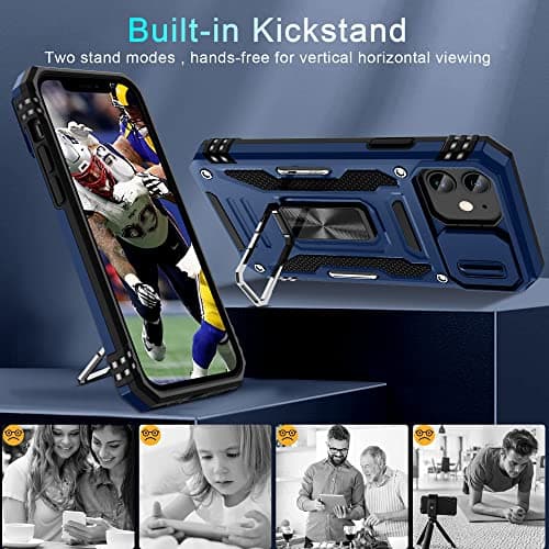DEERLAMN for iPhone 12 Case,iPhone 12 Pro Case with Slide Camera Cover+Screen Protector(2 Packs),Rotated Ring Kickstand Military Grade Shockproof Protective Cover-Navy Blue — view 5