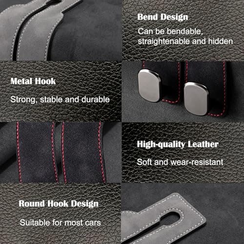 Car Hooks for Headrest 2 Pack, Car Seat Back Storage Hook, 2 in 1 Headrest Hooks for Purses and Bags, Leather Car Headrest Hanger with Metal Hooks, Double Headrest Hooks Mobile Phone Holder (Black) — view 5