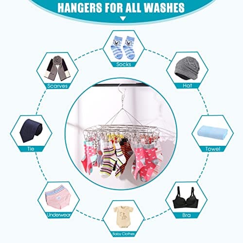 Sinnsally Folding Sock Dryer with 36 Pegs,Metal Sock Hangers with Clips,Underwear Hanger for Washing Line Accessories,Stainless Steel Clothes Sock Drying Rack,Laundry Drip Airer Hanger with Pegs — view 4