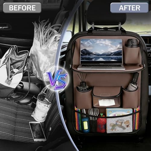 Les-Theresa Car Seat Organiser, Car Organiser Back Seat with Foldable Dining Table and Many Pockets Car Seat Back Protector, Car Backseat Tray for Toys Snacks Travel Essentials (Coffee Brown) — view 3