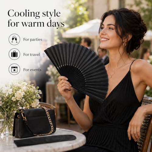 Qabonl Black Folding Hand Fan with Protective Sleeve, Classic All-Black Foldable Fan, Compact Portable Handheld Fan for Parties, Travel, Events and Everyday Use — view 4