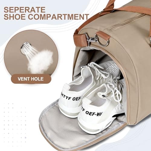 FIORETTO Womens Gym Sports Bag Travel Bag with Shoes Compartment & Wet Pocket, Weekend Overnight Duffle Hospital Bag Carry On Holdall for Travel Swimming Khaki — view 5