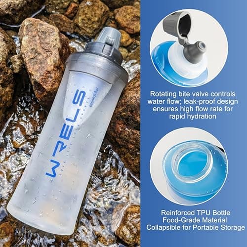 WRELS Collapsible Squeeze Water Filter Bottle 1L Filter System for Trail Running, Hiking, Travel, Camping | Ultralight Portable Soft Flask with Filter for Outdoor Survival — view 3