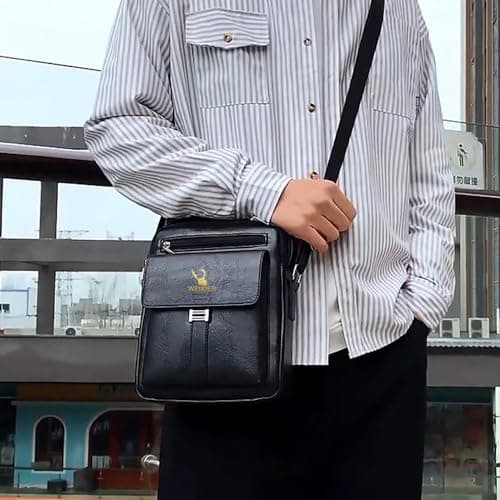 A-QMZL Men's Shoulder Bag Messenger Bag PU Leather Business Travel Crossbody Pack Satchel Side Bag Casual Handbags Men's bag for Working HikingTraveling Daily Use (black 1) — view 3