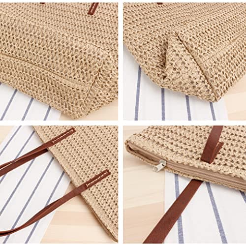 Hsthe Sea Women's Hand-woven Straw Shoulder Bag Large Summer Beach Leather Handles Handbag Tote with Zipper (beige) — view 4