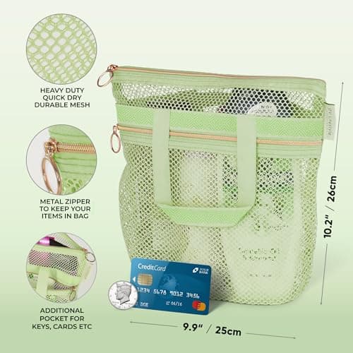 DV Lifestyle Mesh Shower Bag 25 x 26cm Caddy with Zipper & 2 Pockets. Quick-Dry Portable Toiletry Tote for Bathroom, Gym, Travel, Camp, Beach, for Sunscreen, Dorm & College Essentials (Light Green) — view 4
