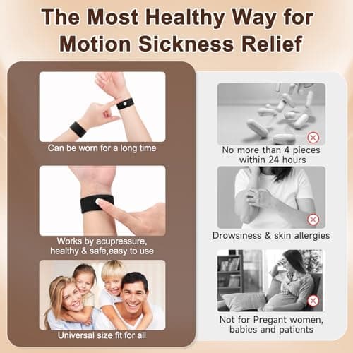Travel Sickness Bands Pregnancy Nausea Relief Morning Sickness Relief Sea Sickness Acupressure Nausea Relief Band Motion Sickness Bracelets for Cruise-Black+Light Brown+Camel-3 Pairs — view 5