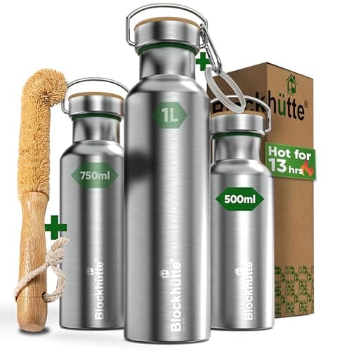 Blockhütte Stainless Steel Water Bottle I 500ml I Insulated Metal Flask, BPA Free, Leakproof, Dishwasher Safe, Ideal for Gym, Travel, Home Use, Cold Drinks, Reusable, with Cleaning Brush