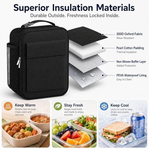 Lunch Bag for Men Women, Reusable Large Capacity Insulated Lunch Bag with Handle, Front Pocket and Side Mesh Holder, Portable Cool Bag for Work School Travel Picnic, Black — view 5