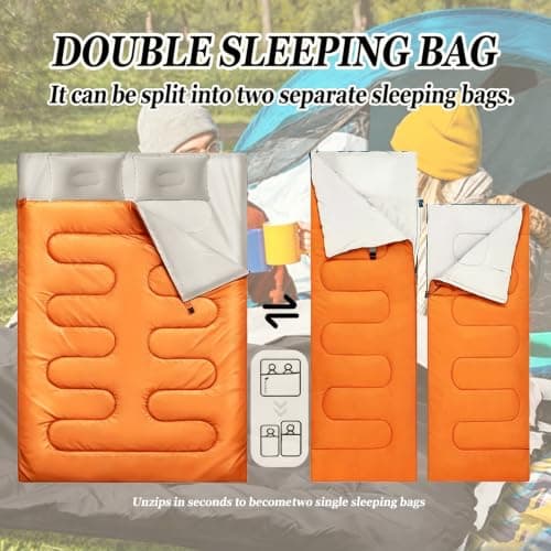 Sleeping Bag, Double Sleeping Bag with 2 Pillows Extra Large 3-4 Season Lightweight, Waterproof Indoor & Outdoor Use for Adults for Hiking, Backpacking and Camping Travel (Orange Double) — view 3