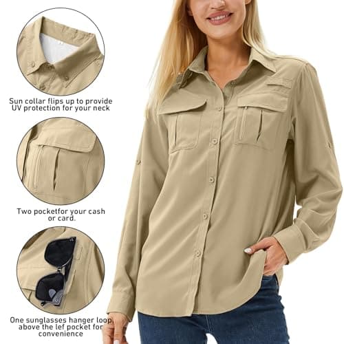 Winebox Women's UPF 50 Shirts Long Sleeve Sun Protection UV Quick Dry Casual Outdoor Safari Walking Fishing Hiking Travel Shirts(Khaki-s) — view 4
