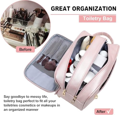 ABCHCHS Travel Toiletry Bag for Women- PU Leather Makeup Cosmetic Bag - Waterproof Organizer for Toiletries Accessories - Dopp Kit Case - Multifunction Packing Organizer Pouch (Pink) — view 6