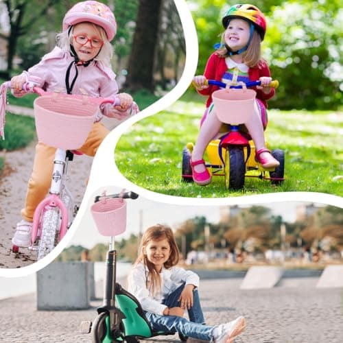 Kids Bike Basket, Pink Cotton Waved Micro Scooter Basket Girls Easy to Install Bicycle Storage Carrier Bag for Kids Tricycles Balance bike — view 5