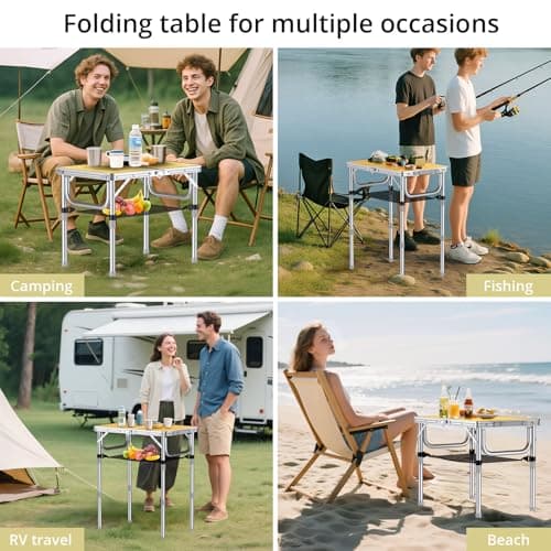 Anbte 2ft Camping Table Foldable, 3 Adjustable Heights High 27.5" Aluminum Small folding table with Carrying Handle, Portable, for Outdoor Indoor Picnic Beach BBQ Travel, 24" x 16", Light Oak Grain — view 6