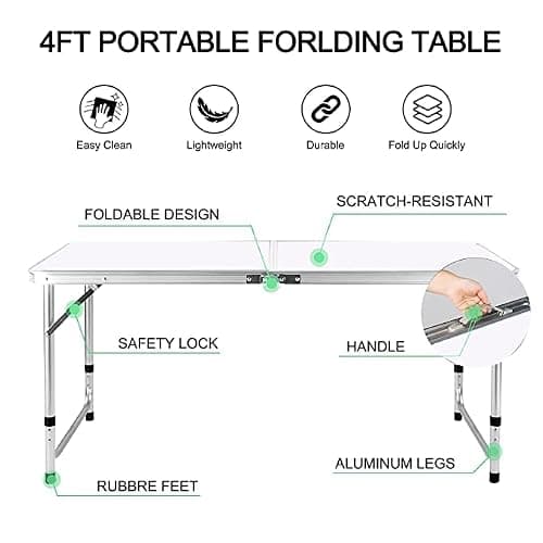 BARGAIN FACTORY Folding Table 4ft Heavy Duty Picnic Table Sturdy Metal Frame With Handle, Adjustable Height Portable Waterproof Easy to Carry Ideal for BBQ Party Camping, Beach, Indoor & Outdoor Use — view 6