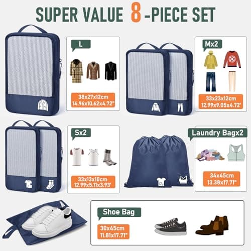 Compression Packing Cubes for Suitcases, Ultralight 8 Set Packing Cubes for Backpack Waterproof Luggage Packing Organizers Expandable Packing cubes for Travel Accessories and Essentials-Blue — view 3