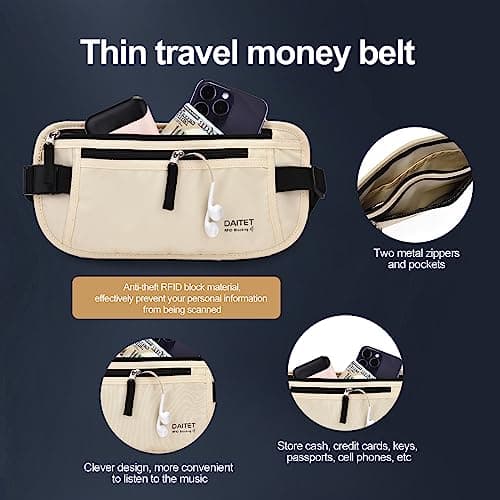 RFID Blocking Money Belt for Men Women, Slim Fanny Pack for Travel，Running,Conceal Waist Wallet for Passport Holder,Phone,Cash(Cream White) — view 4