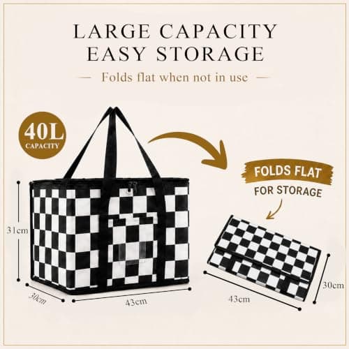 Ohocut Checkered Cooler Bag, Large 40L Foldable Insulated Grocery Shopping Bag, Checkerboard Cool Insulated Food Delivery Bag for Picnic, Camping, Travel (Black White) — view 6