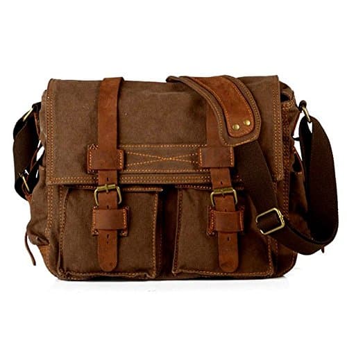 autumndeer Laptop Bag 14.5 inch Mens Vintage Casual Canvas Messenger Bag Men's Military Leather Canvas Travel Briefcase Crossbody Satchel Shoulder School Bag for Notebook Laptop