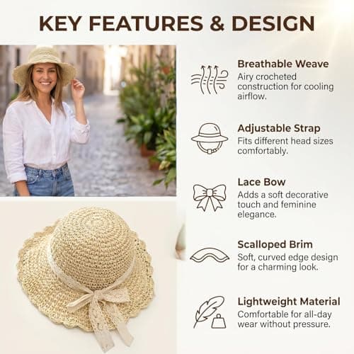 Womens Wide Brim Straw Hat UPF 50+ Sun Protection Packable Travel Beach Sun Hat for Summer Foldable Bucket Hat (Fit Head circumferences 22-22.8 in) Beige — view 4