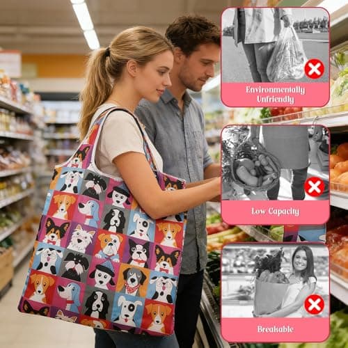 WANGWUXINSHENG Foldable Shopping Bags Large Portable Shopping Tote Bag with Pouch Eco Tote Bags for Grocery Travel Picnic Daily Use Holiday Favors (Red, 2 Pcs) — view 6