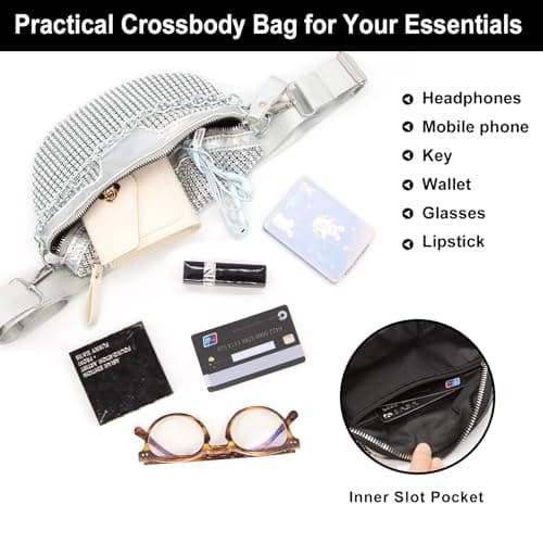 Long Keeper Sparkly Bum Bag Fanny Pack for Women Teen Girls Rhinestones Waist Bag Party Holographic Bumbags Ladies Shiny Bling Bag Cross Body Chest Bag (White) — view 4