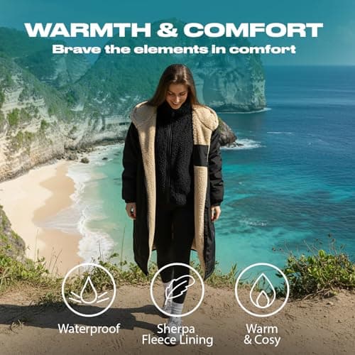 OHS Rain Coats for Women Men, Oversized Waterproof Jacket Fleece Lining Changing Robe with Hood & Pockets Lightweight Ladies Raincoat Drying Robe for Outdoor Travel, Black/Beige - L/XL — view 3