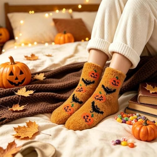 Halloween Gifts Fluffy Cosy Bed Slipper Socks Ladies Winter Warm Fleece Sock Soft Comfy Fuzzy Thermal Sock for Slippers Home Casual Wear Pink Orange Travel Holiday Gold Work Office Yellow Purple Party — view 2