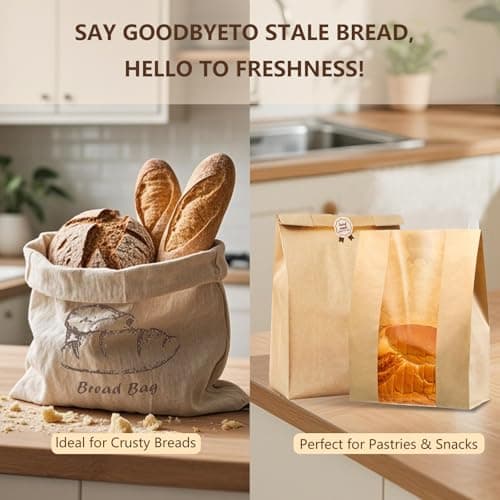 20 Pack Sourdough Bread Bags with Window for Homemade Bread Storage | Kraft Paper Bakery Bags for Cookies, Snacks & Gifts | Includes 30 Sealing Stickers & 2 Pcs Linen Cotton Bag — view 4