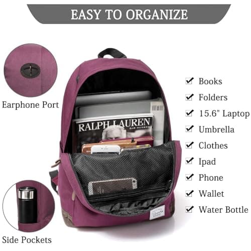 VASCHY School Bag, Water Resistant Backpack for Men, Women, Boys and Girls Lightweight Rucksack for School, Travel, Work Fits 15.6" Laptop, Burgundy — view 4