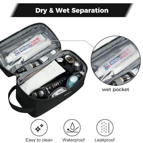 ECOHUB Water-Resistant Travel Toiletry Bag, Recycled Wet and Dry Separation Wash Bag, Dopp Kit Shaving Bag, Wide-Open Zipper Pouch Travel Toiletries Bag for Men, Patent Pending, Slim-Black — view 3