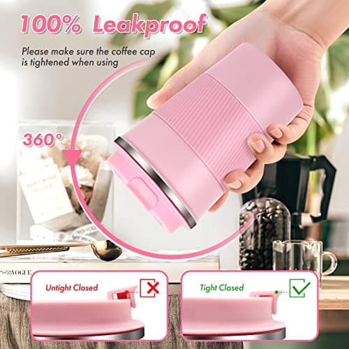 Dycietx Travel Mug with Leakproof Lid,Insulated Reusable Coffee Mug Hot&Cold Drinks/Tea,Portable Stainless Steel Thermal Takeaway Travel Coffee Cup Car//Picnic/Office/School (Pink) (CM03RD) — view 5