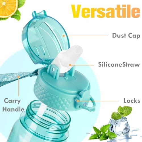 GOPPUS 500ml/17oz Kids Water Bottles with Straw Tritan Childrens Bottle with Flip Top Lid BPA Free Measured Drinks Bottle with Strap Sports Reusable Time Markings Leakproof (Transparent Mint Green) — view 4