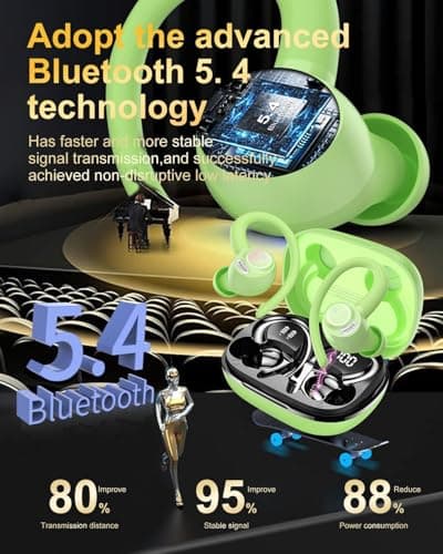 Sports Wireless Earbuds with EarHooks HiFi Stereo Sound, Fresh Green — view 3