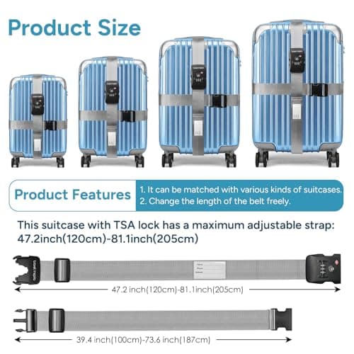 travel inspira TSA Approved Luggage Straps, Cross Suitcase Straps (Grey) — view 4