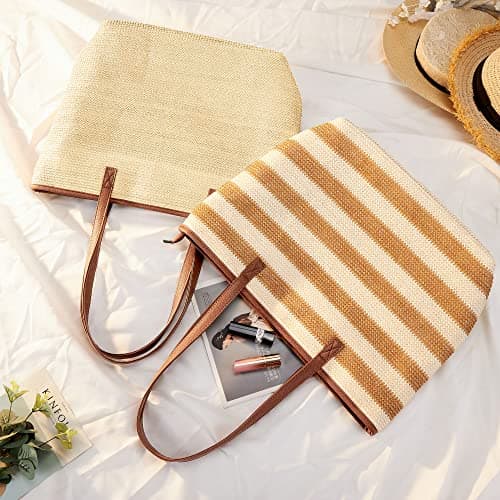 KALIDI Women Straw Tote Bag Summer Beach Woven Shoulder Handbag with Zip — view 4