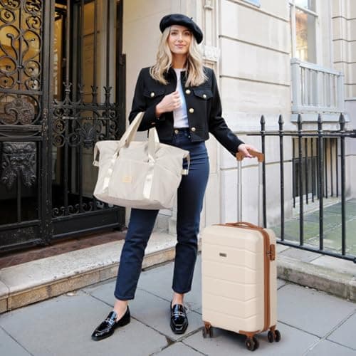Tavoxda Cabin Suitcase Hand Small Luggage Carry On Suitcase, ABS Hard Shell Spinner Wheels with Travel Tote and Toiletry Bag, 20Inch Set, White — view 2