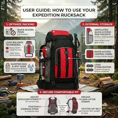 120L Extra Large Camping Travel Backpack Hiking & Fishing Rucksack (Red) — view 6