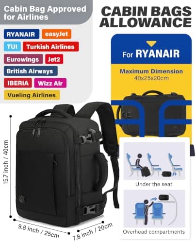 VANKEV 40x20x25 Ryanair Cabin Bag Underseat Travel Backpack Hand Luggage — view 3