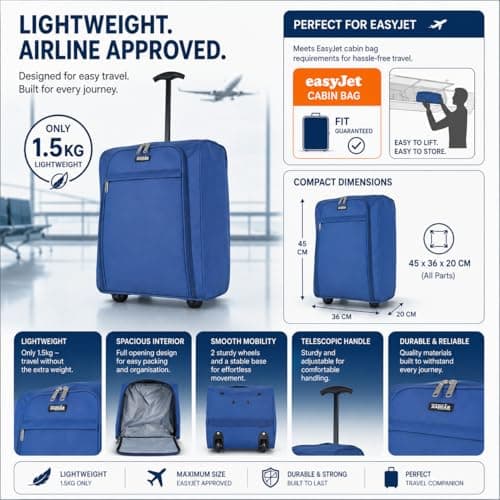 ZAHRAB Easyjet 45x36x20 Underseat Bag Lightweight Hand Luggage Cabin Bag Trolley with Wheels Flight Bags Suit Case (Blue) — view 2