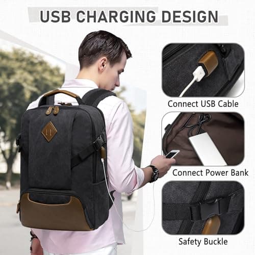 Kasgo Backpack for Mens, Vintage 15.6 inch Laptop Rucksack Bag USB Charging Anti-theft Canvas Backpack Casual Daypack School Bag for Women Teens Travel Work Hiking Camping Business, Black — view 6