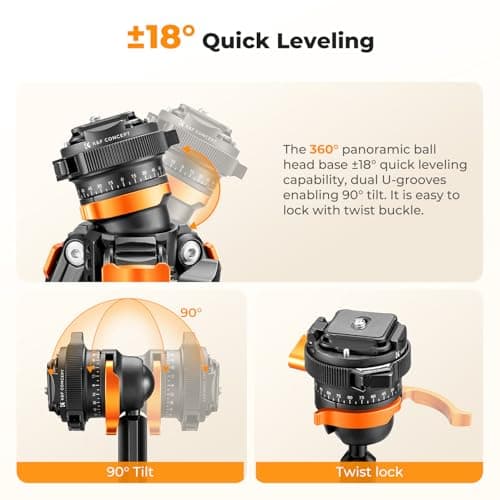K&F CONCEPT 60"/153cm Carbon Fibre Tripod for Camera, 0.9kg Ultra-Lightweight Travel Tripod with ±18° Leveling 360° Panorama Head, Detachable Center Axis, Arca Type QR Plate, 10KG Load Capacity — view 3