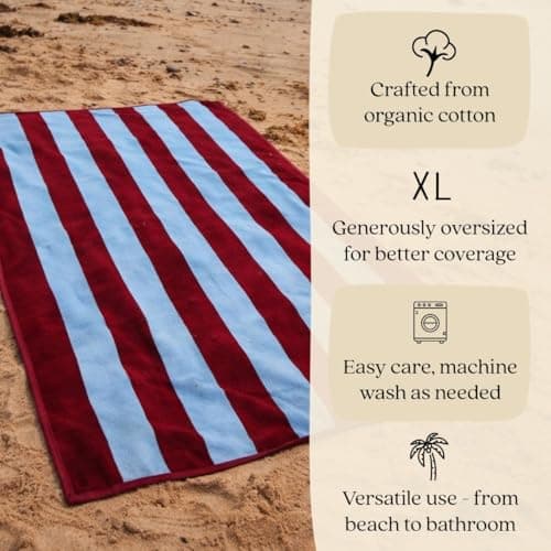 Misona Large Organic Cotton Beach Towel - GOTS-Certified, Extra-Large 90 x 180 cm, Plush Dual-Sided Velour & Terry, Striped Summer Towel for Beach, Pool & Travel (Burgundy & Sky Blue) — view 3