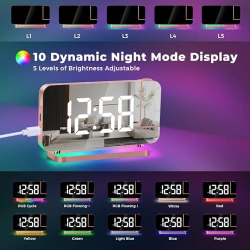 Projection Alarm Clock,7.4"LED Mirror Digital Clocks Large Display,with 180° Rotatable Projector,RGB Night Light,USB C Port,Auto Dimmer,Desk Clock for Heavy Sleeper Bedroom Teens Adults,Girls Decorate — view 4