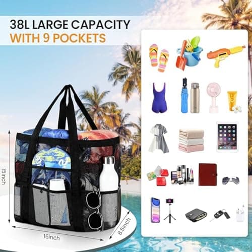 HUSHRICH Mesh Beach Bag Lightweight Large Tote Bag Sand Free, 10 Pockets Handheld Beach Hollow Mesh Bags Black Large Capacity Shoulder Beachs Bags Pool Vacation — view 5