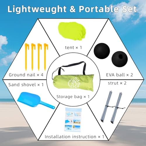 Cuupo Beach Tent 2 x 2.1 m Pop-Up SPF 50 Sun Protection, Anti-Wind Beach Shelter with Iron Stability Poles & Sandbags, Portable Sun Protection, Beach, Backyard, Camping, Travel, Suitcase, Fruit Green — view 6