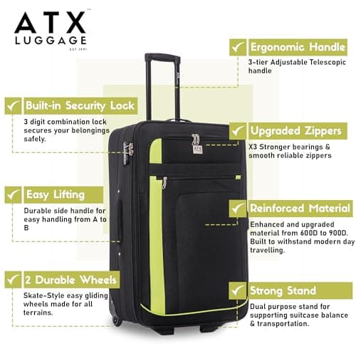 ATX Luggage Suitcase Large Expandable Soft Shell Durable Lightweight Hold Check in Trolley Case with 2 Wheels & Built-in 3 Digit Combination Lock (Black/Lime, 120 Liters) — view 3