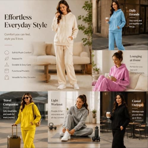 Womens Tracksuit Set 2 Piece Lounge Wear UK Oversized Hoodie Wide Leg Jogger Bottoms Co Ord Set Ladies Activewear Winter Warm Fleece Leisure Outfit Gym Travel Airport Clothing Plus Size Petite — view 3