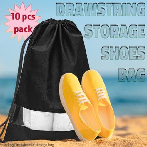 Travel Shoe Bags Set of 10 – Waterproof Drawstring Shoe Bags for Men & Women – Durable & Lightweight Shoe Storage Organiser for Travel, Black, Large 33x44cm — view 2