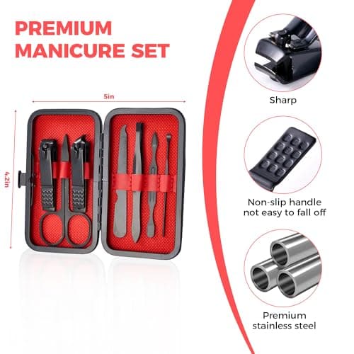 Manicure Set, Portable Nail Clippers & Eyebrow Grooming Kit, Nail Care Tools, Pedicure Tool, Grooming Tools for Travel & Home, Gift for Men, Women, Friends and Parents (7 Pieces) (Black & Red) — view 3